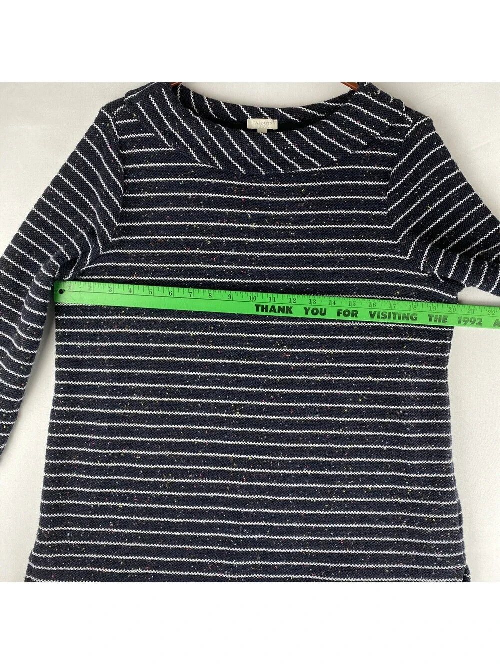 TALBOTS Knit Sweater Top Med Speckled Striped 3/4 Sleeve Navy Blue White